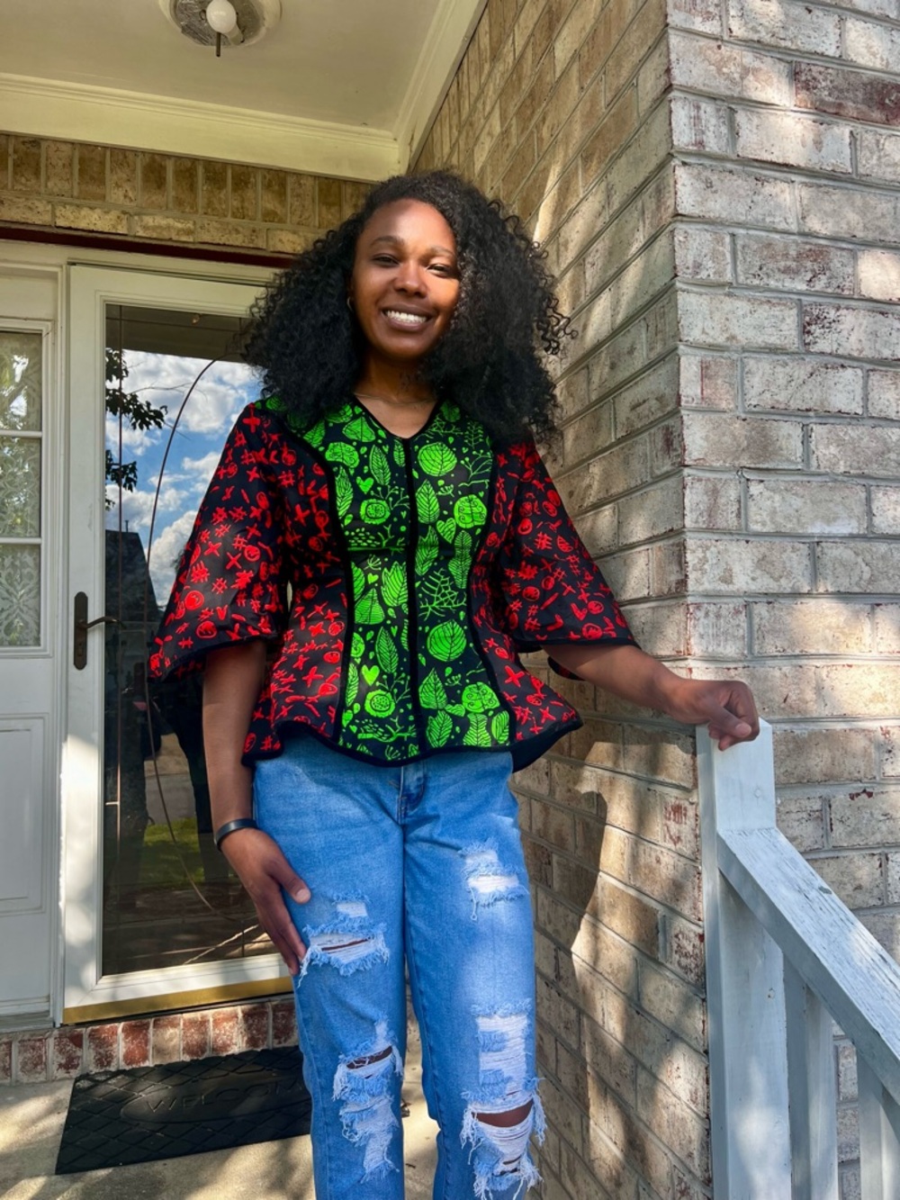 Women's African Ankara Print Green & Red Patterned Peplum Top